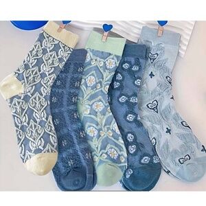 5 Pr Blue Textured Cotton Socks Med